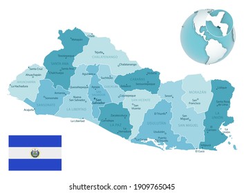 Mapa administrativo azul-verde de El Salvador con bandera del país y ubicación en un globo. Ilustración del vector