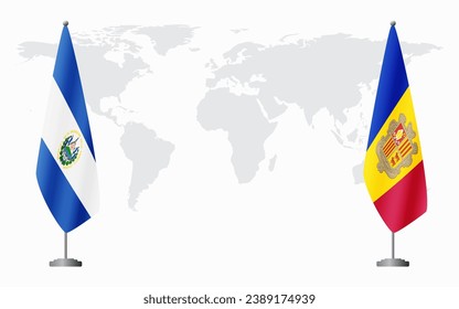 El Salvador and Andorra flags for official meeting against background of world map.