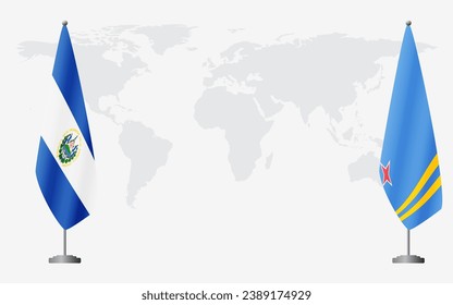 El Salvador and Aruba flags for official meeting against background of world map.