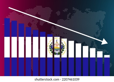 El Salvador bar chart graph, decreasing values, crisis and downgrade concept, El Salvador flag on bar graph, down arrow on data, news banner idea, fail and decrease, financial statistic