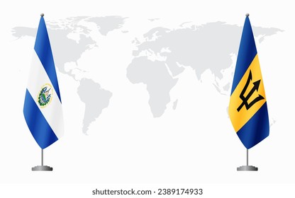 El Salvador and Barbados flags for official meeting against background of world map.