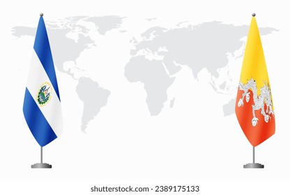 El Salvador and Bhutan flags for official meeting against background of world map.