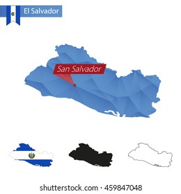 El Salvador blue Low Poly map with capital San Salvador, versions with flag, black and outline. Vector Illustration.