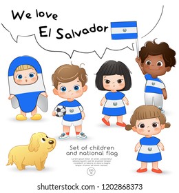 El Salvador : Boys and girls holding flag and wearing shirts with national flag print : Vector Illustration