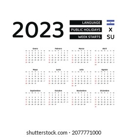 El Salvador calendar 2023. Week starts from Sunday. Vector graphic design. Spanish language.