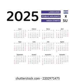El Salvador calendar 2025. Week starts from Sunday. Vector graphic design. Spanish language.