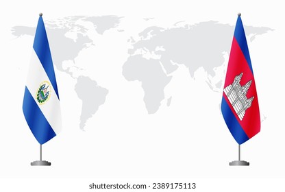 El Salvador and Cambodia flags for official meeting against background of world map.