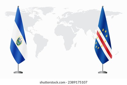 El Salvador and Cape Verde flags for official meeting against background of world map.