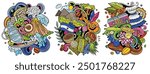 El Salvador cartoon vector doodle designs set. Colorful detailed compositions with lot of Salvadoran objects and symbols. Isolated on white illustrations