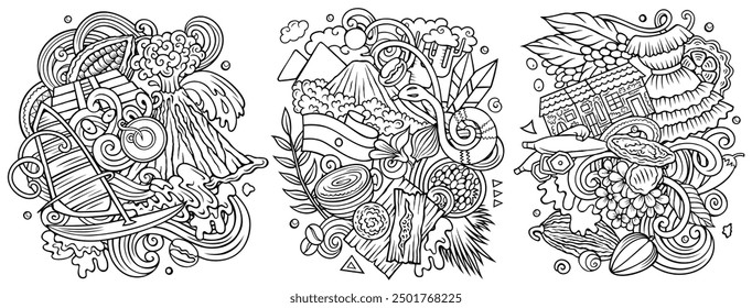 El Salvador cartoon vector doodle designs set. Line art detailed compositions with lot of Salvadoran objects and symbols