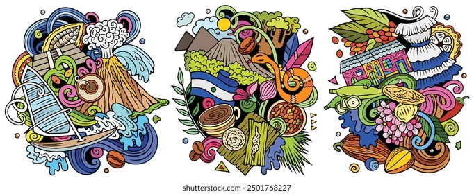 El Salvador Vector de dibujos animados doodle diseños conjunto. Coloridas composiciones detalladas con muchos objetos y símbolos salvadoreños. Aislado en ilustraciones blancas