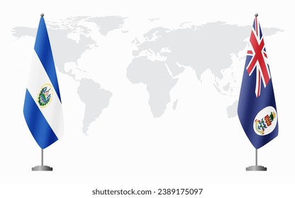 El Salvador and Cayman Islands flags for official meeting against background of world map.