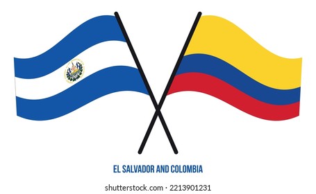 El Salvador and Colombia Flags Crossed And Waving Flat Style. Official Proportion. Correct Colors.