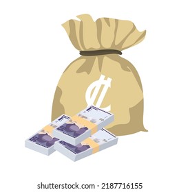 El Salvador Colon Vector Illustration. Salvadoran money set bundle banknotes. Money bag 50 SVC. Flat style. Isolated on white background. Simple minimal design.