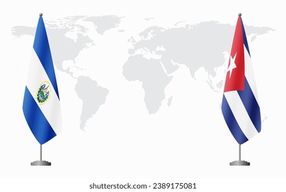El Salvador and Cuba flags for official meeting against background of world map.