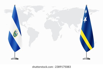 El Salvador and Curacao flags for official meeting against background of world map.