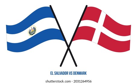 El Salvador and Denmark Flags Crossed And Waving Flat Style. Official Proportion. Correct Colors.