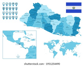 El Salvador detalla un mapa azul administrativo con bandera del país y ubicación en el mapa del mundo.