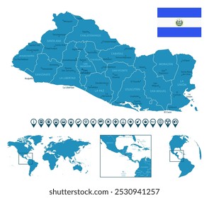 El Salvador - detailed blue country map with cities, regions, location on world map and globe. Infographic icons. Vector illustration