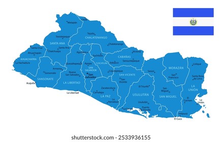 El Salvador - detailed blue country map with cities, regions. Vector illustration