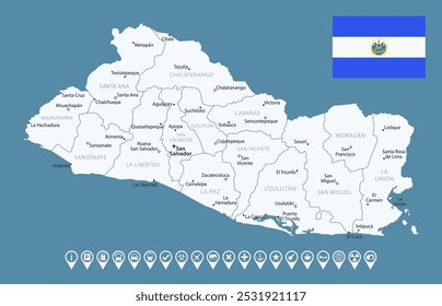 El Salvador - detailed country map with cities and regions. Infographic icons. Vector illustration.