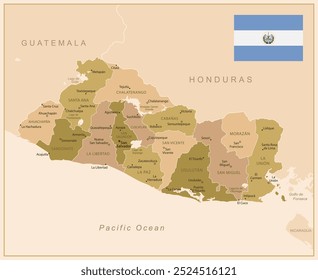 El Salvador - detailed map of the country in brown colors, divided into regions. Vector illustration