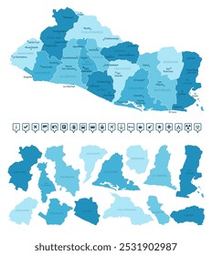 El Salvador - detailed map of the country in blue colors, divided into regions. Infographic icons. Vector illustration.