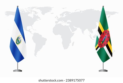 El Salvador and Dominica flags for official meeting against background of world map.