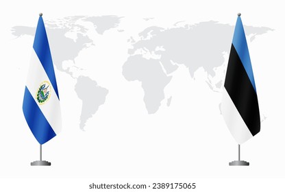 El Salvador and Estonia flags for official meeting against background of world map.