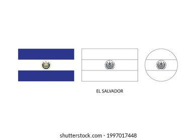 Bandera de El Salvador 3 versiones, Ilustración vectorial, Línea delgada negra de rectángulo y el círculo sobre fondo blanco.