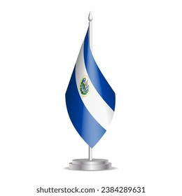 El Salvador flag - 3D mini flag hanging on desktop flagpole. Usable for summit or conference presentaiton. Vector illustration with shading.