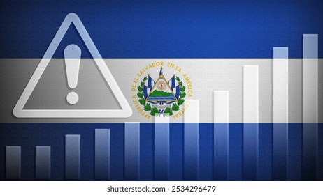 El Salvador flag with burlap texture, warning sign, and rising bar chart symbolizing increasing risk or growth challenges in the country. Ideal for data presentations.