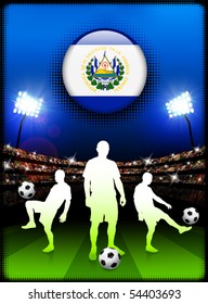 El Salvador Flag Button with Soccer Match in Stadium Original Illustration