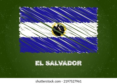 El Salvador flag with chalk effect on green chalkboard, hand drawing country flag concept, green blackboard with El Salvador flag, chalk texture, flag for kids, classroom material