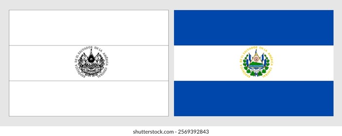 El Salvador flag - coloring page. Set of white wireframe thin black outline flag and original colored flag.