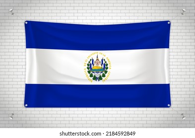 El Salvador flag hanging brick wall  3D drawing  Flag attached to the wall  Neatly drawing in groups separate layers for easy editing 