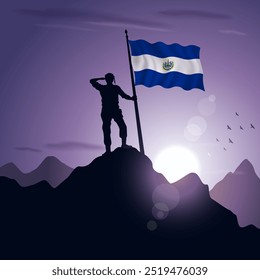 Bandeira de El Salvador içada em um pico de montanha com um pôr do sol roxo ao fundo, ilustração vetorial