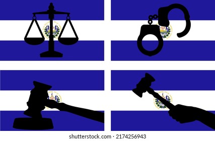 El Salvador Flagge mit Justiz Vektor Silhouette, Richter Gavel Hammer und Skalen der Justiz und Handschellen Silhouette auf der Flagge, El Salvador Recht Konzept, Design Asset, Freiheit Idee