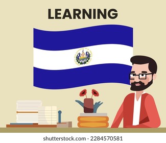 El Salvador flag with a male teacher, learning or teaching El Salvador language, bearded man with glasses and country flag vector design, language school concept