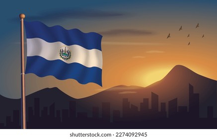 El Salvador flag with mountains and morning sun in the background