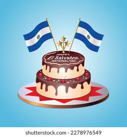 El Salvador Flag National Day with a Cake on a Blue Background