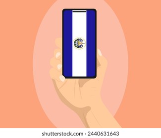 El Salvador flag on mobile phone screen, holding smartphone, advertising social media or banner concept, El Salvador flag showing on phone screen, technology news idea