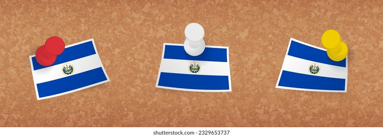 El Salvador flag pinned in cork board, three versions of El Salvador flag. Vector pushpins and flag set.
