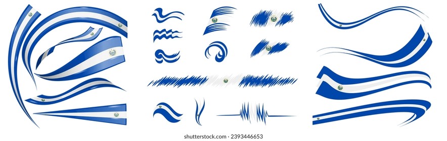 El Salvador flag set elements, vector illustration on a white background