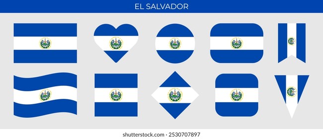 El Salvador flag set. National flag in various shapes. Vector illustration isolated on white background