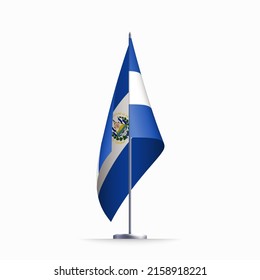 Símbolo del estado de la bandera de El Salvador aislado en una bandera nacional de fondo. Tarjeta de saludo Día Nacional de la Independencia de la República de El Salvador. Cartel de ilustración con bandera de estado realista.