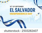 El Salvador Flag Waving On Skyline Background. Independence Day Concept Design Vector Illustration.