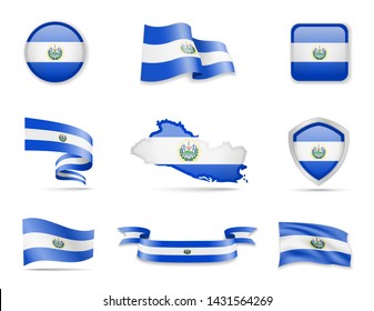 El Salvador flags collection. Flags and outline of the country vector illustration set