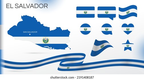 El Salvador flags set. Various designs. Map and capital city. World flags. Vector set. Circle icon. Template for independence day. Collection of national symbols. Ribbon of the flag. North America