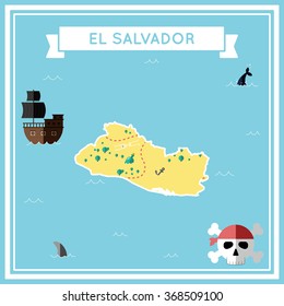 El Salvador flat treasure map. Colorful cartoon treasure map of El Salvador with flat icons of pirate ship, jolly roger, treasure chest and banner ribbon. Flat design vector illustration.